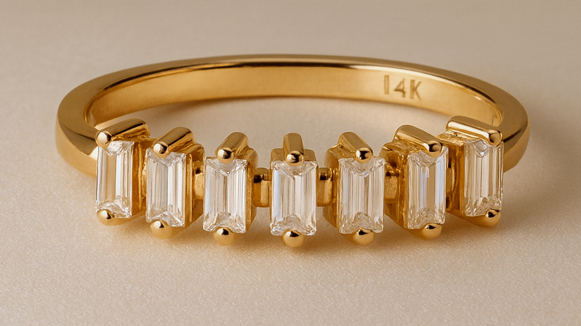 Gold ring with baguette-cut diamonds on a beige background