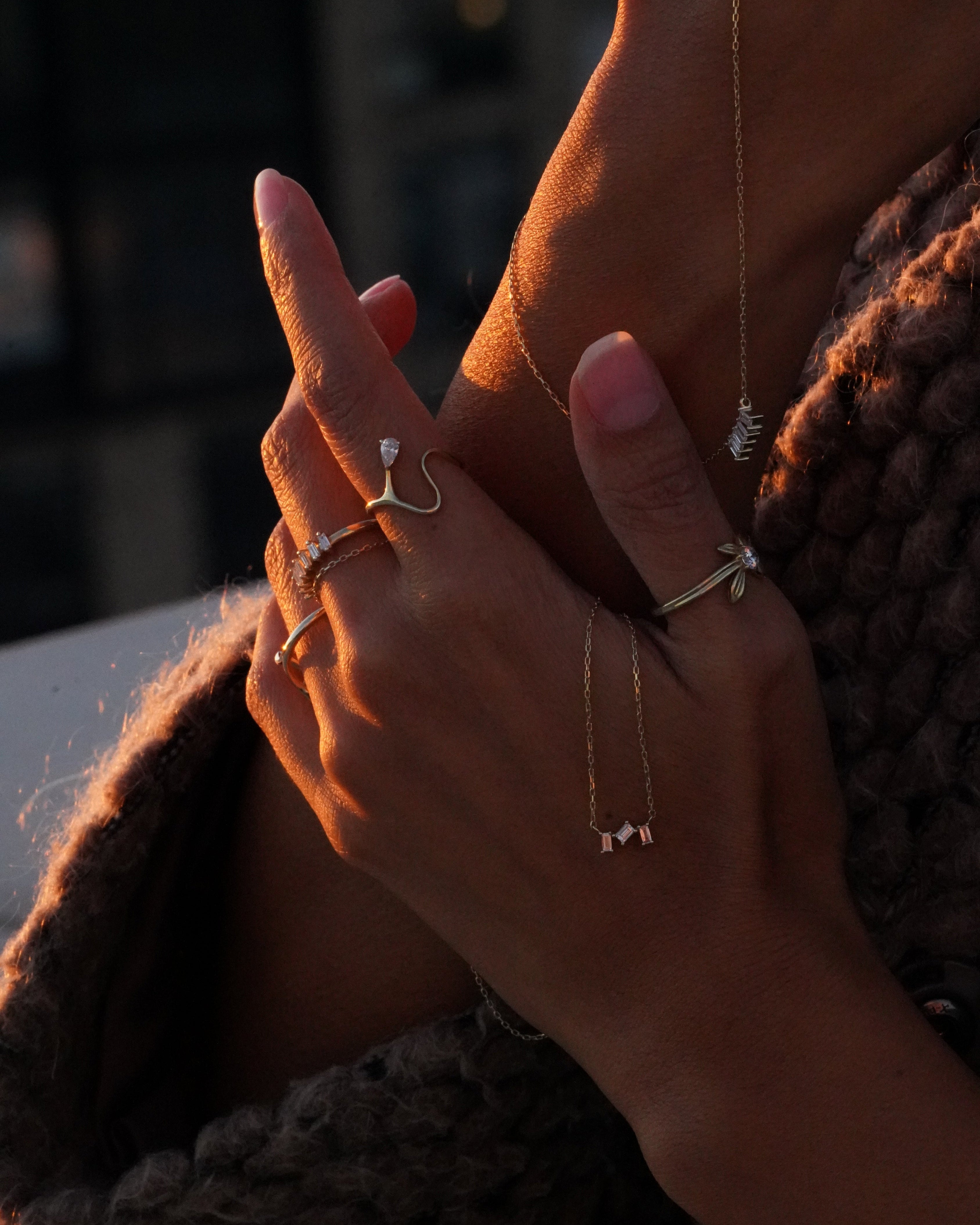 Close-up of hands with rings on a blurred background