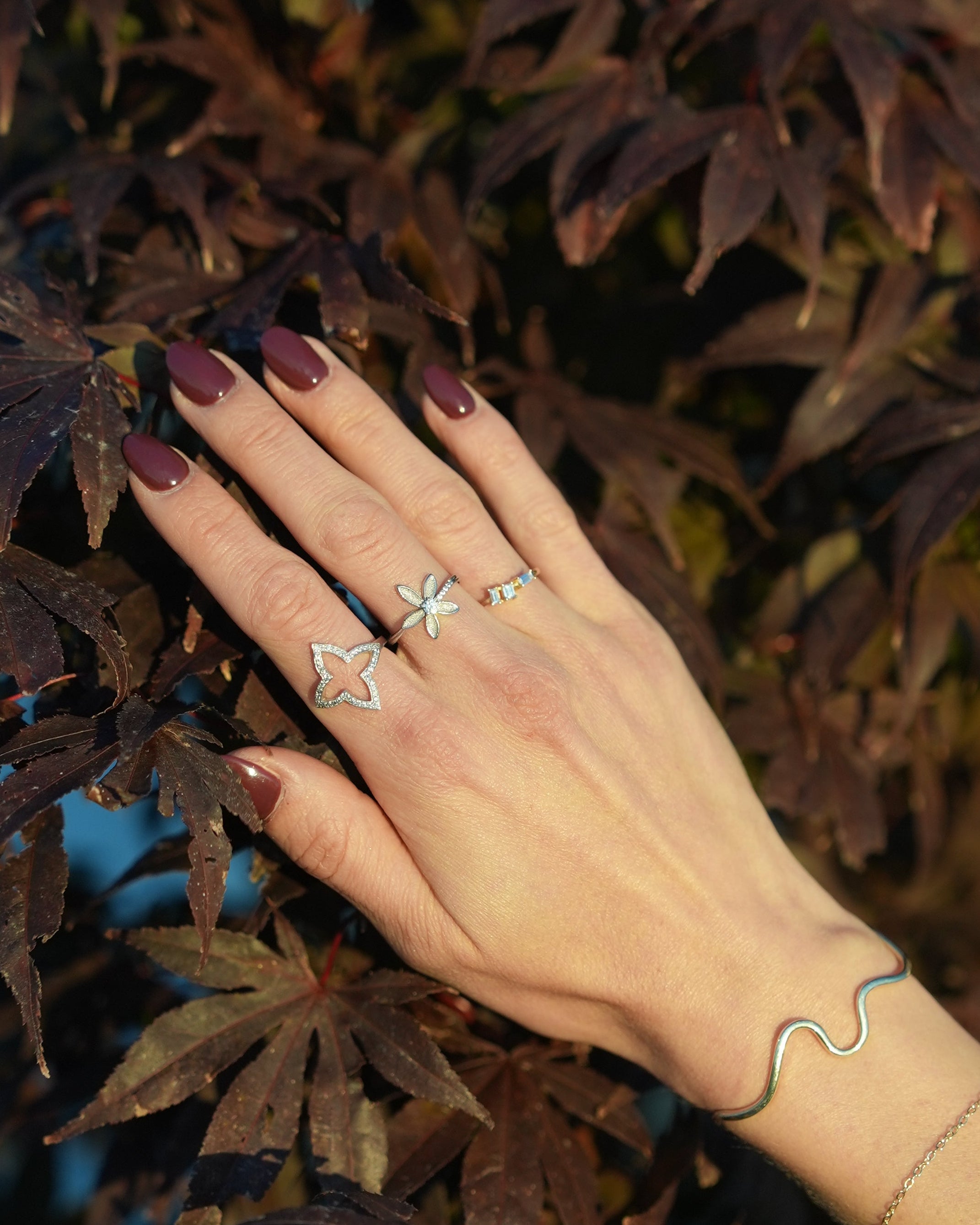 Hand with rings on a background of autumn leaves