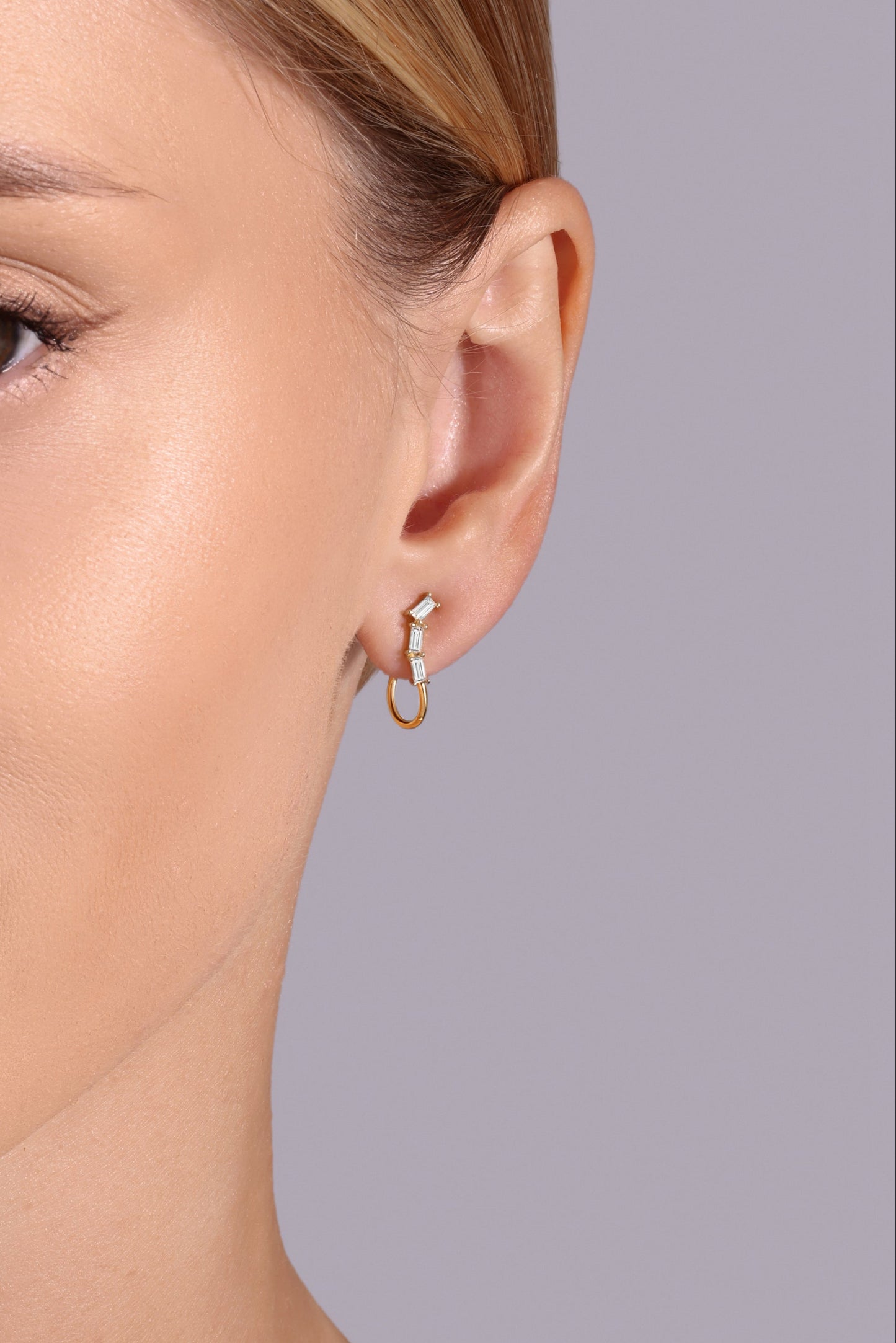 14K gold open hoop earrings with baguette diamonds