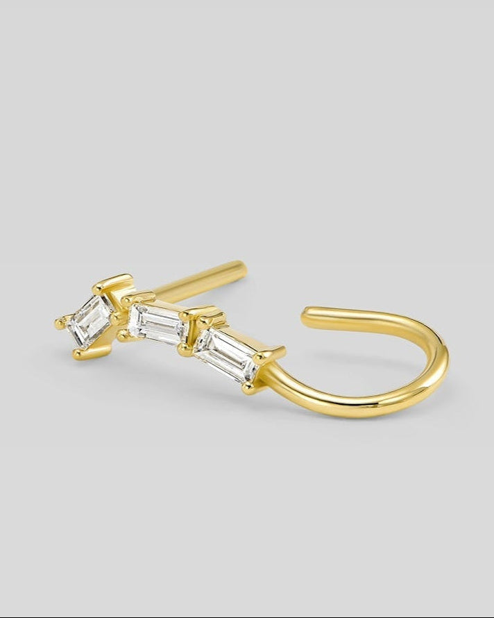 14K gold open hoop earrings with baguette diamonds